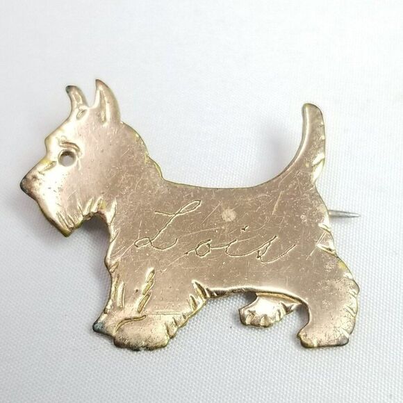 Vintage Lois Terrier Dog Brooch, Gold Tone C Clasp Etched Engraved Lapel Pin - Picture 5 of 6